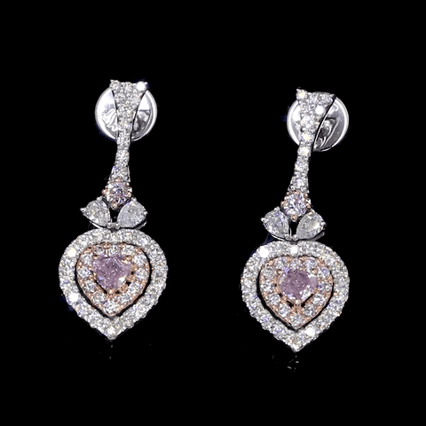18K White & Rose Gold Earrings with Heart Cut Natural Fancy Pink & White Diamonds JL AU PD E 105