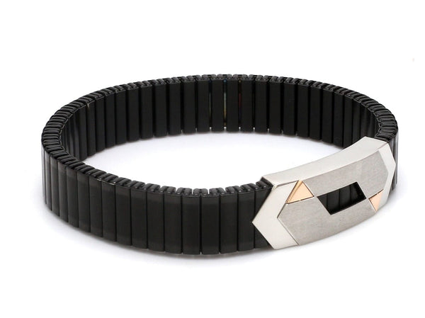 Jewelove™ Bangles & Bracelets Platinum & Rose Gold Black Band Bracelet for Men - Flexible JL PTB 1088