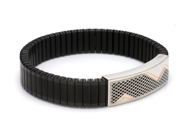 Jewelove™ Bangles & Bracelets Platinum & Rose Gold Black Band Bracelet for Men - Flexible JL PTB 1089
