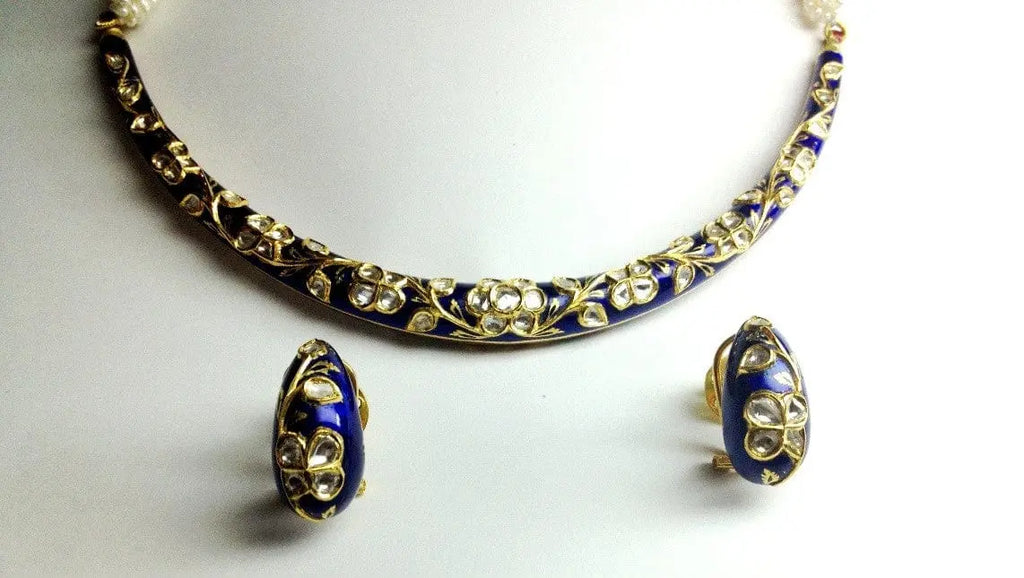 Blue color Meena Hasli with Uncut Diamond Polki in India