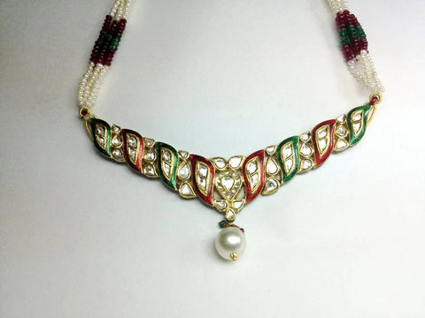 Green Meena Hasli Set with Uncut Diamond Polkis by Jewelove