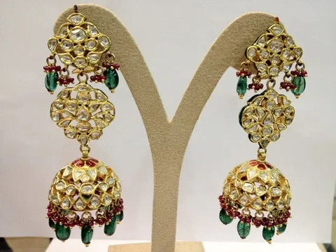 Statement Jewelry Earrings with Diamond Polki and Emeralds by Jewelove