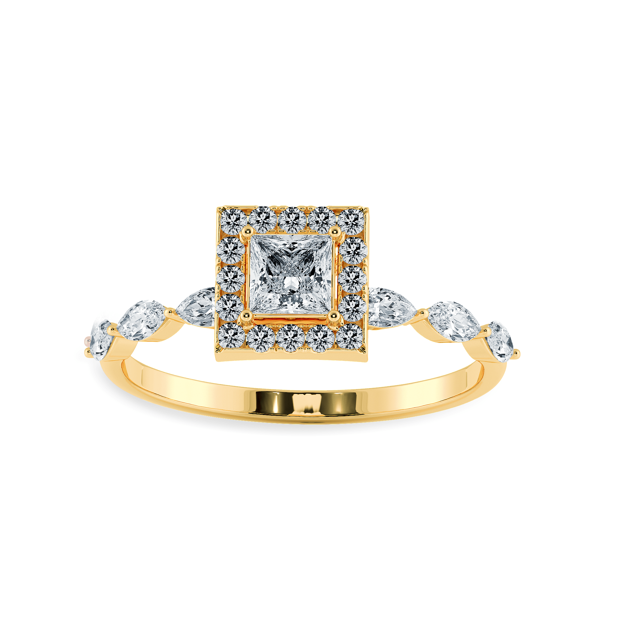 1-Carat Princess Cut Solitaire Halo Diamond with Marquise Cut Diamond  Accents 18K Yellow Gold Ring JL AU 1277Y-C