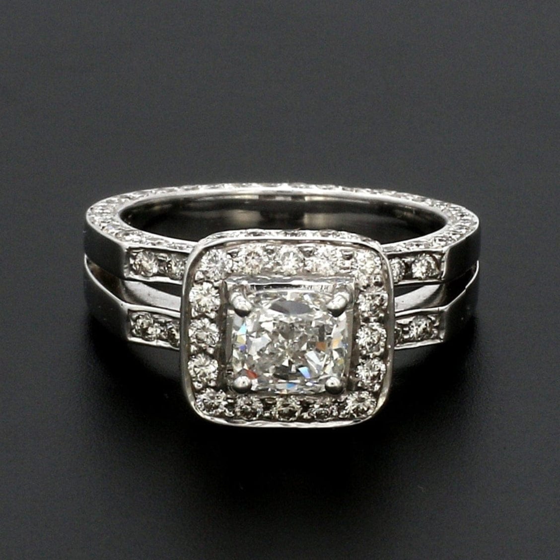 14K White Gold Cushion Cut Solitaire Ring with Halo Accents Diamonds JL AU 1212