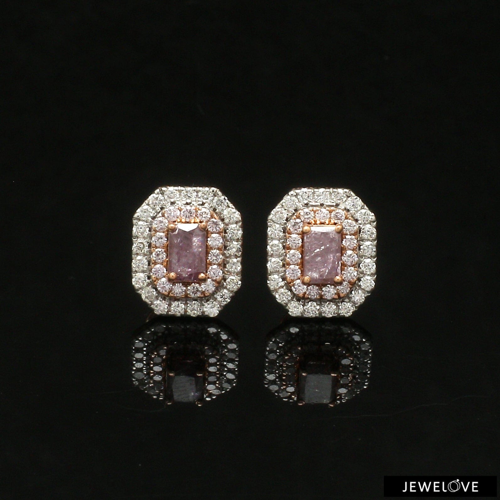 18K Rose Gold Pink Emerald Cut Diamond Earrings with Light Pink White  Round Diamond JL AU PD 106