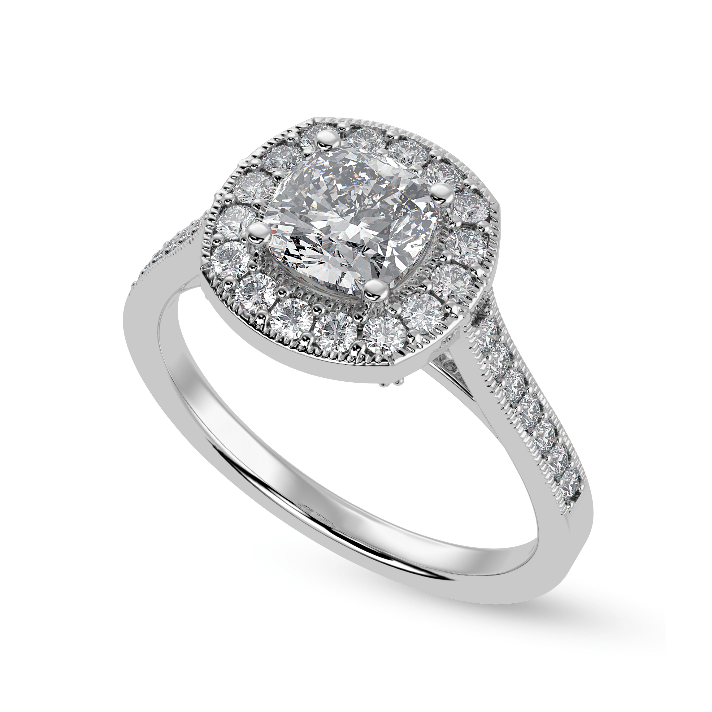 30-Pointer Cushion Cut Solitaire Halo Diamond Shank Platinum Ring