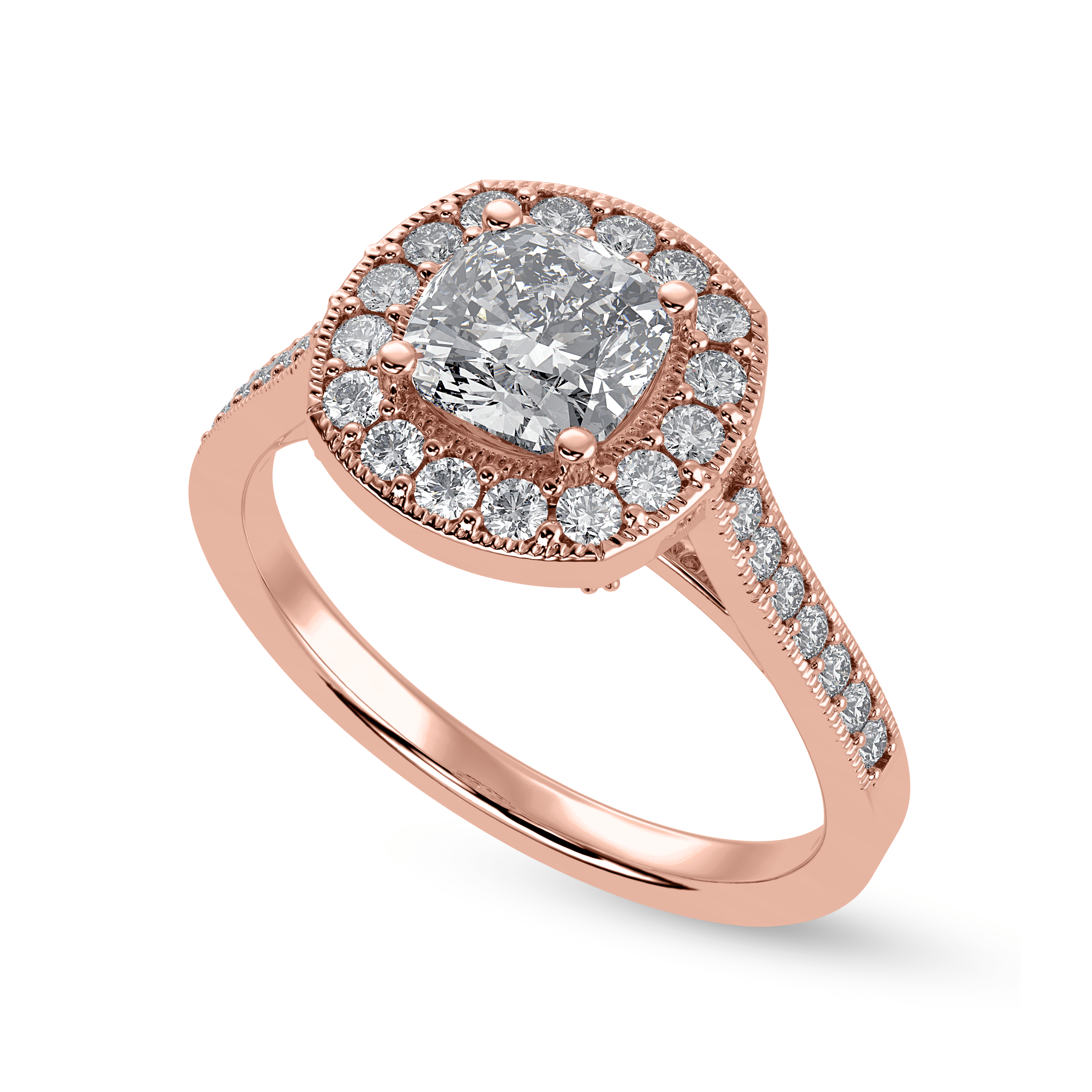 30-Pointer Cushion Cut Solitaire Halo Diamond Shank 18K Rose Gold