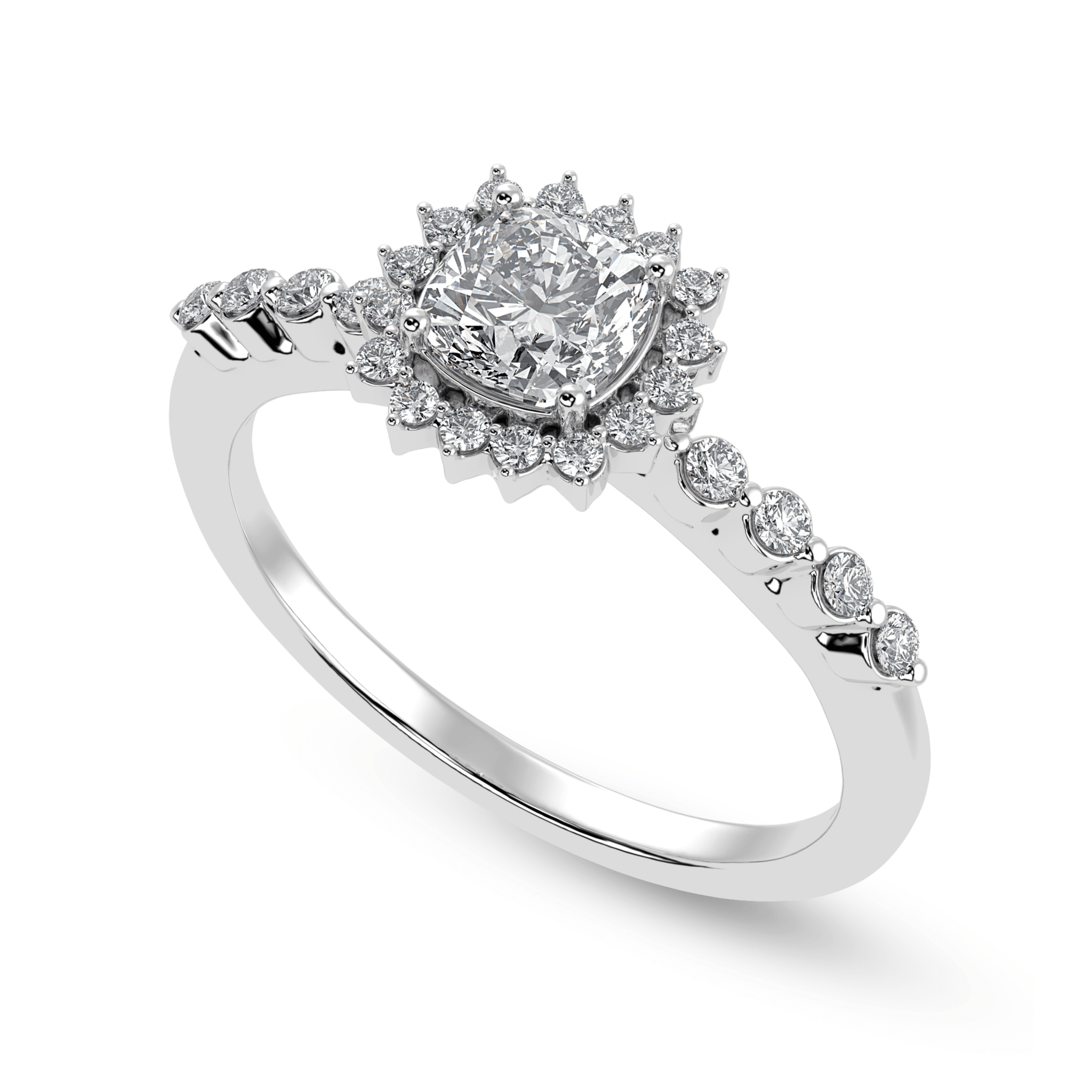 30 Pointer 30-Pointer Cushion Cut Solitaire Halo Diamond Shank Platinum Ring JL P ...