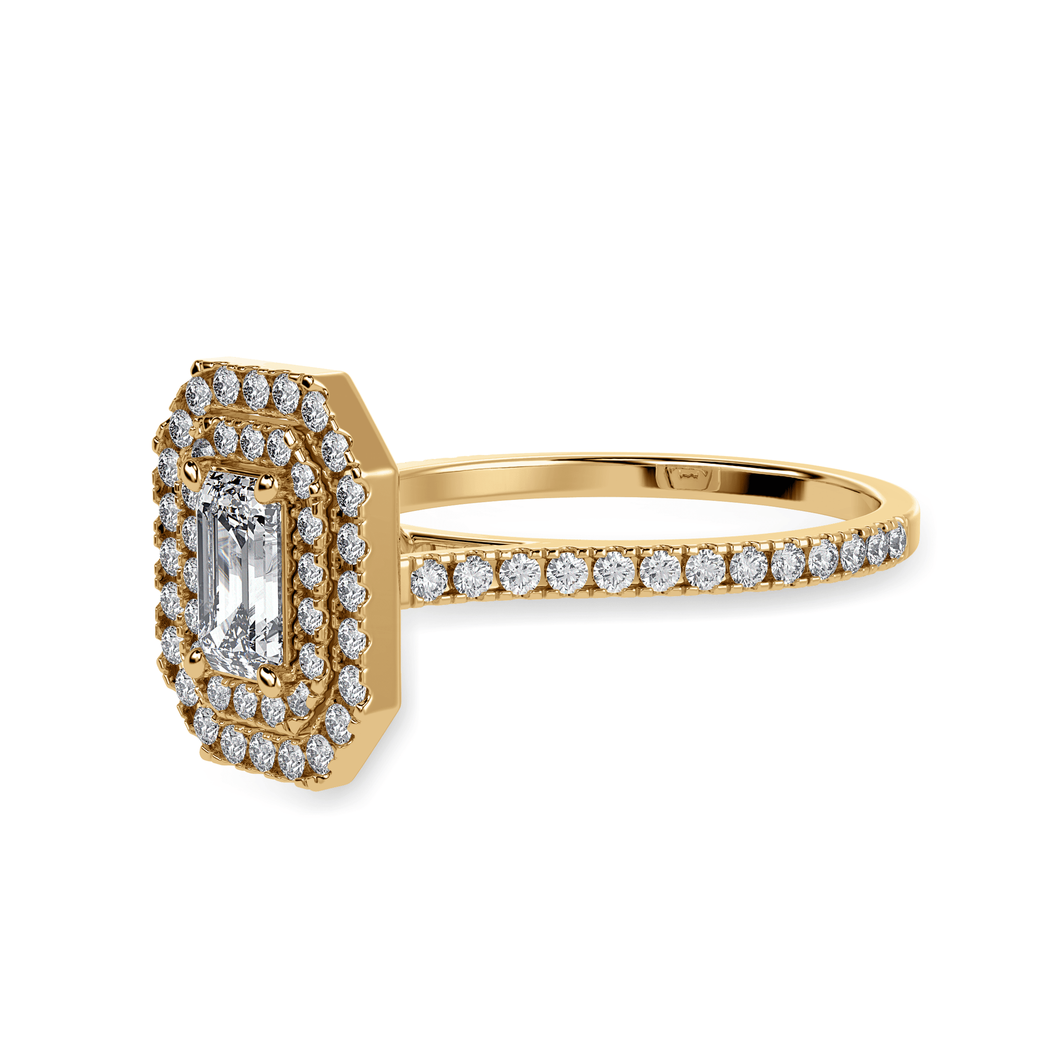 30 Pointer 30-Pointer Emerald Cut Solitaire Double Halo Diamond Shank 18K Yellow ...