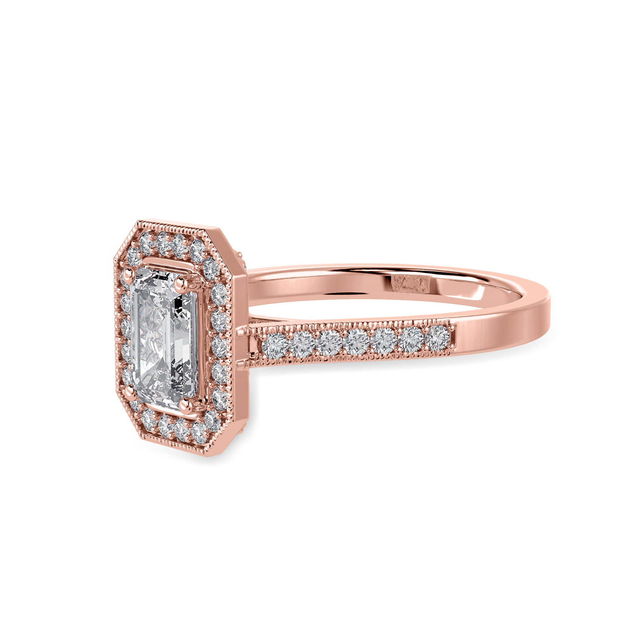 30 Pointer 30-Pointer Emerald Cut Solitaire Halo Diamond Shank 18K Rose Gold Ring ...