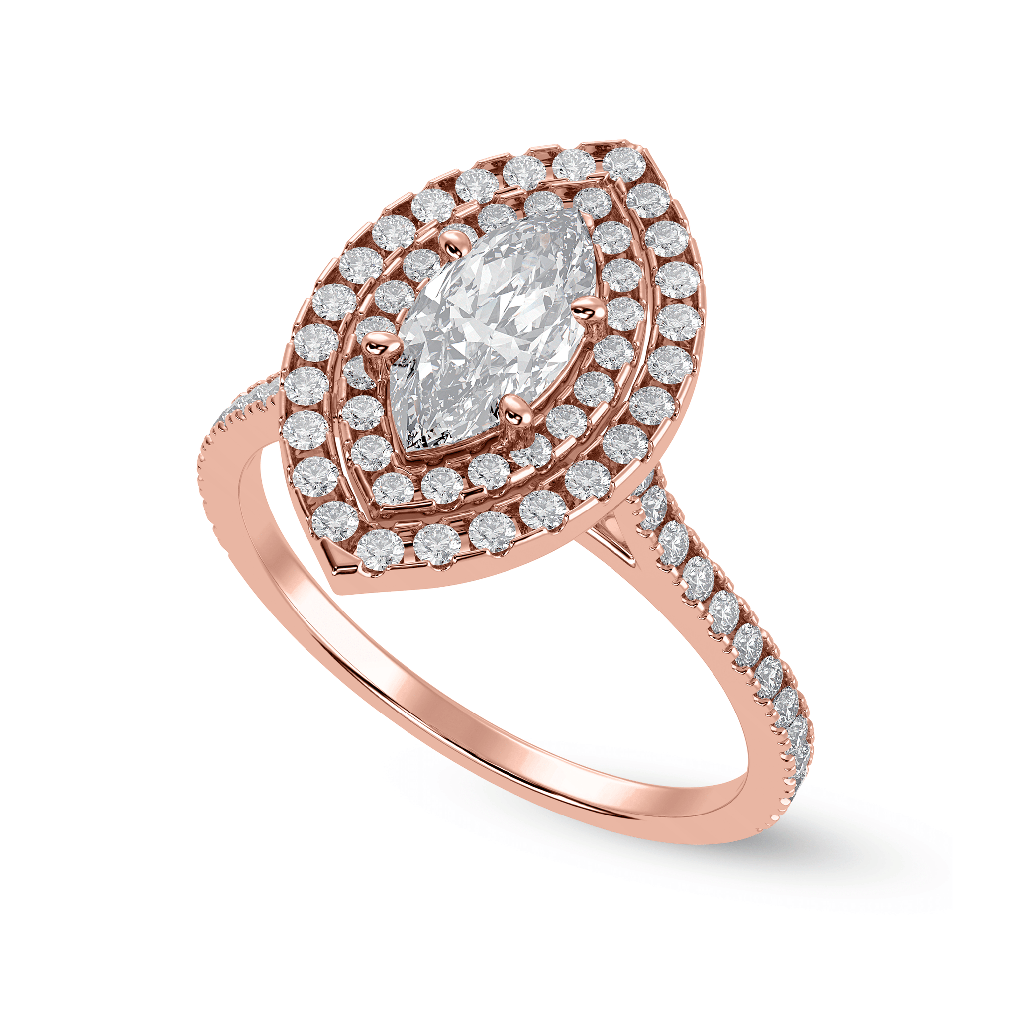 30 Pointer 30-Pointer Marquise Cut Solitaire Double Halo Diamond Shank 18K Rose G ...