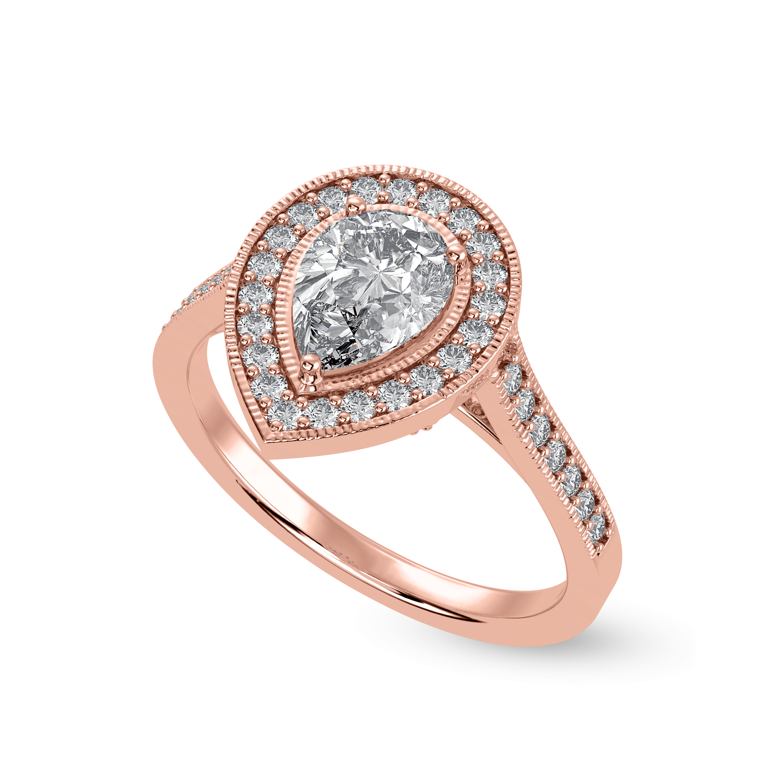 30-Pointer Pear Cut Solitaire Halo Diamond Shank 18K Rose Gold