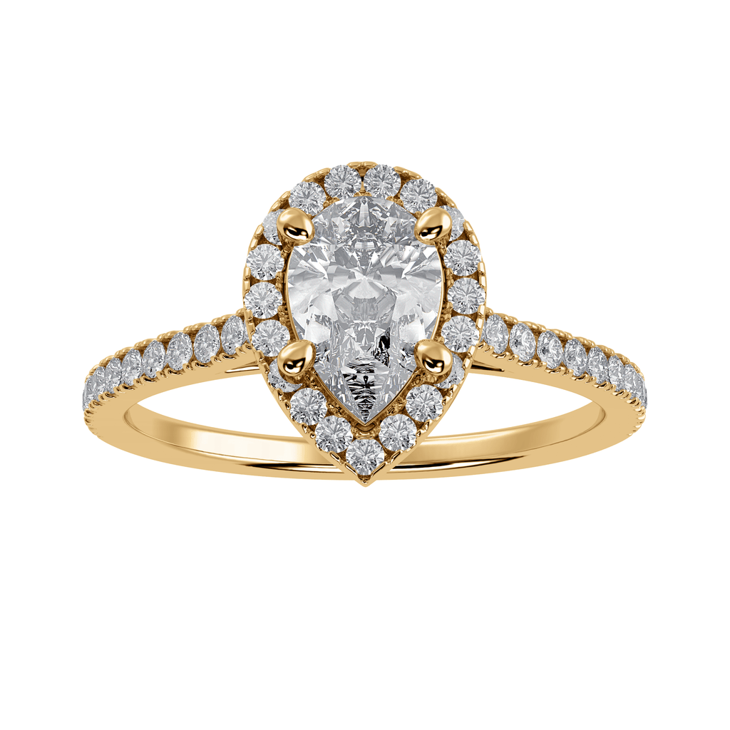 Buy 30-Pointer Pear Cut Solitaire Halo Diamond Shank 18K Yellow Gold ...