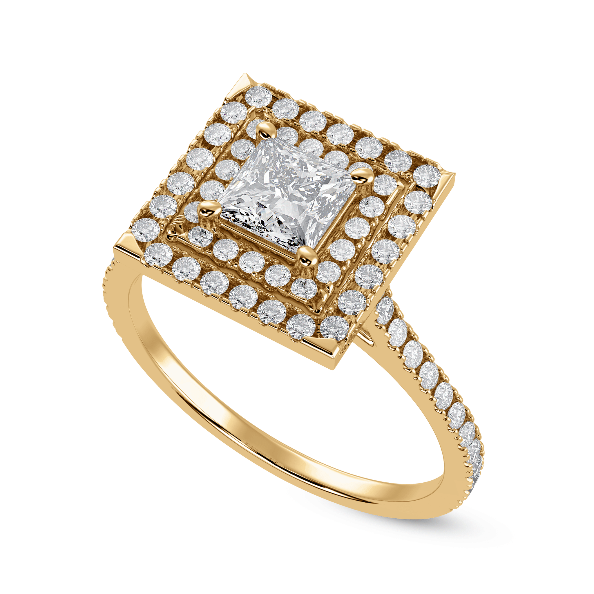 30 Pointer 30-Pointer Princess Cut Solitaire Double Halo Diamond Shank 18K Yellow ...