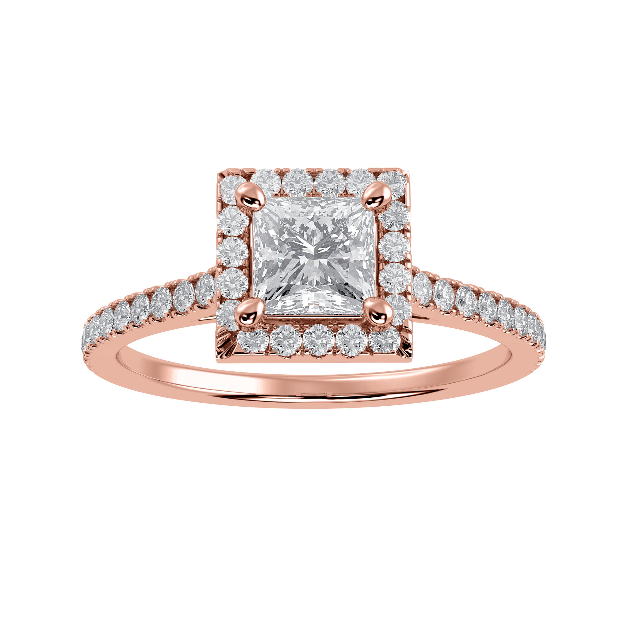 30-Pointer Princess Cut Solitaire Halo Diamond Shank 18K Rose Gold Ring JL AU 1293R