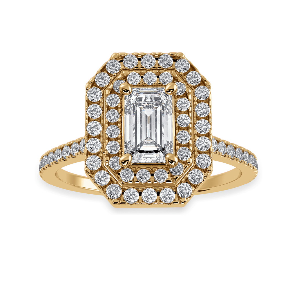 Jewelove™ Rings Women's Band only / VVS E 50-Pointer Emerald Cut Solitaire Double Halo Diamond Shank 18K Yellow Gold Ring JL AU 1296Y-A