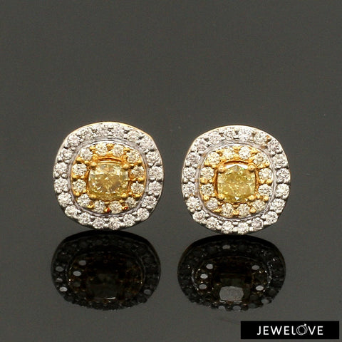 50-pointer Natural Fancy Color Yellow Diamond Cushion Shape Double Halo 18K Gold Earrings  JL AU E 340