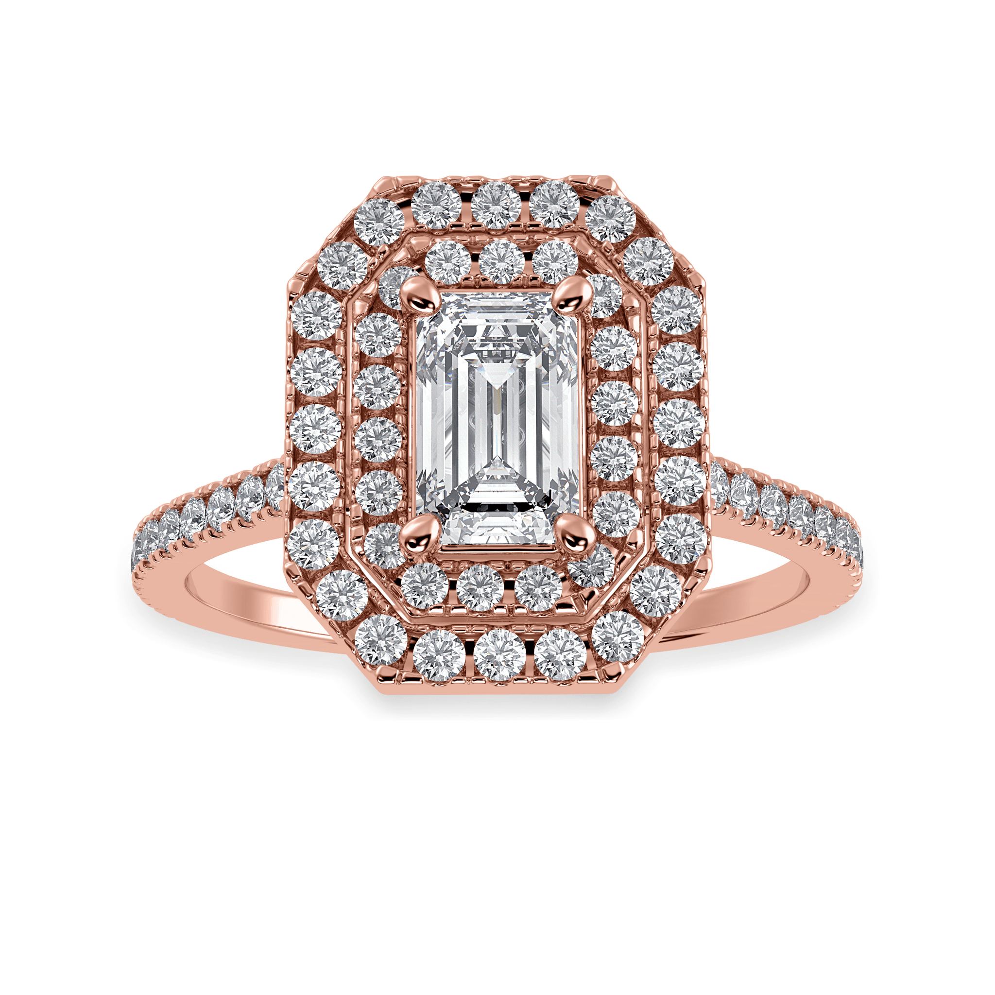 Jewelove™ Rings Women's Band only / VVS E 70-Pointer Emerald Cut Solitaire Double Halo Diamond Shank 18K Rose Gold Ring JL AU 1296R-B