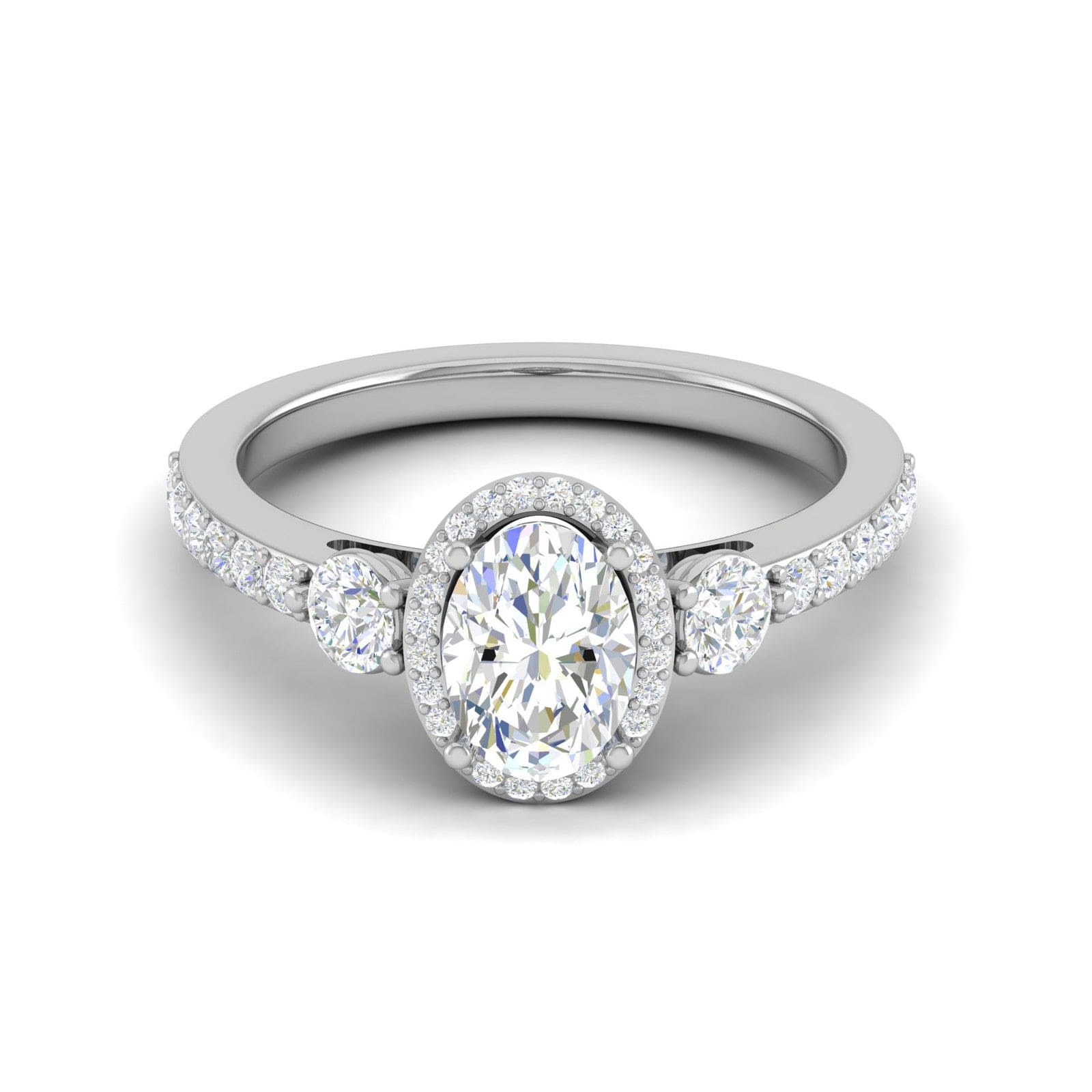 70-Pointer Oval Shape Solitaire Halo Diamond Accents Platinum Ring