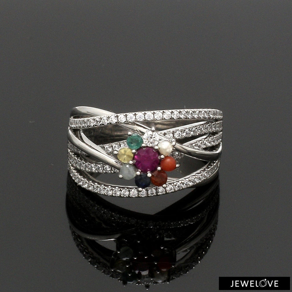 Jewelove™ Rings Women's Band only / SI IJ Customised Ruby Navratan Platinum Ring with Diamond JL PT 1356