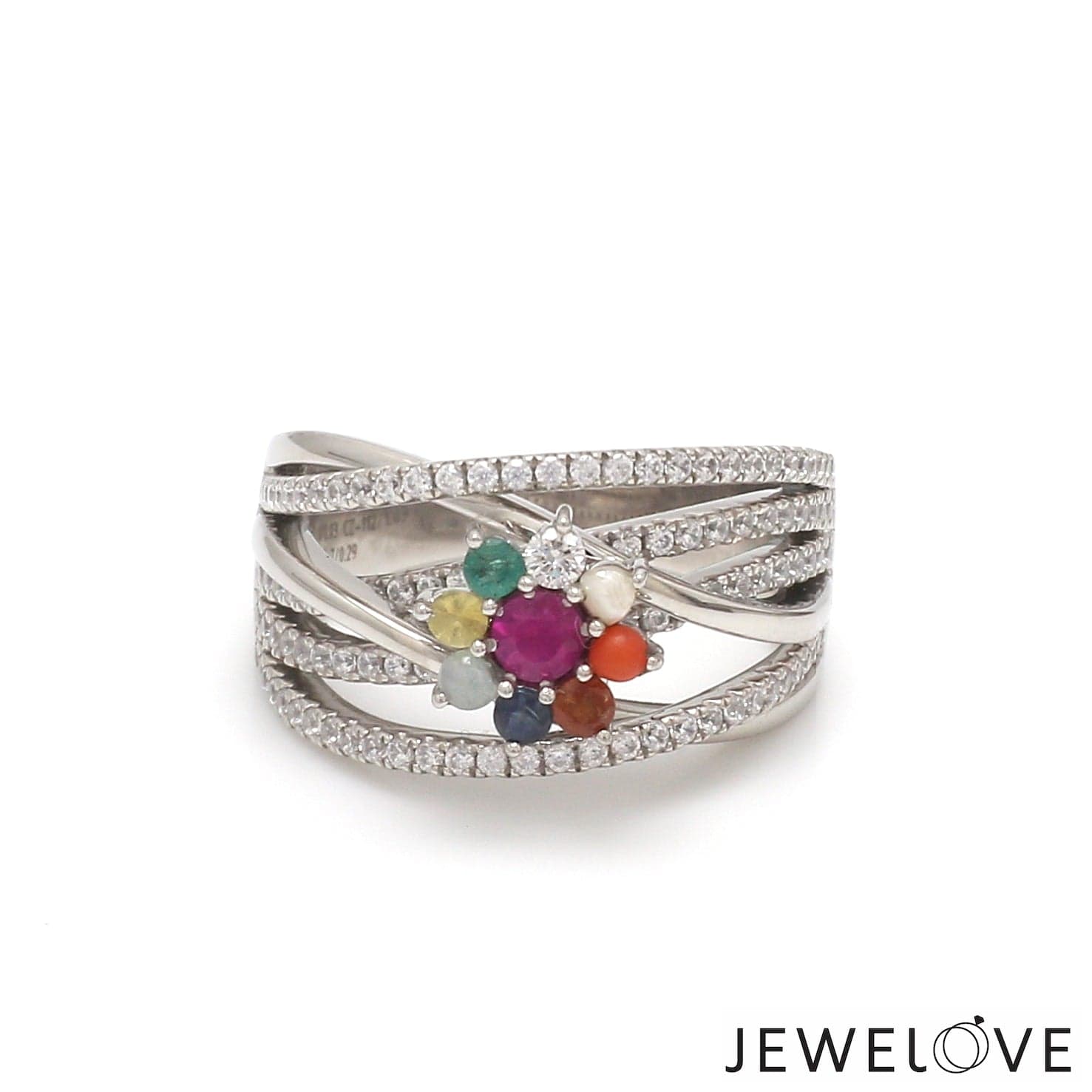 Jewelove™ Rings Women's Band only / SI IJ Customised Ruby Navratan Platinum Ring with Diamond JL PT 1356