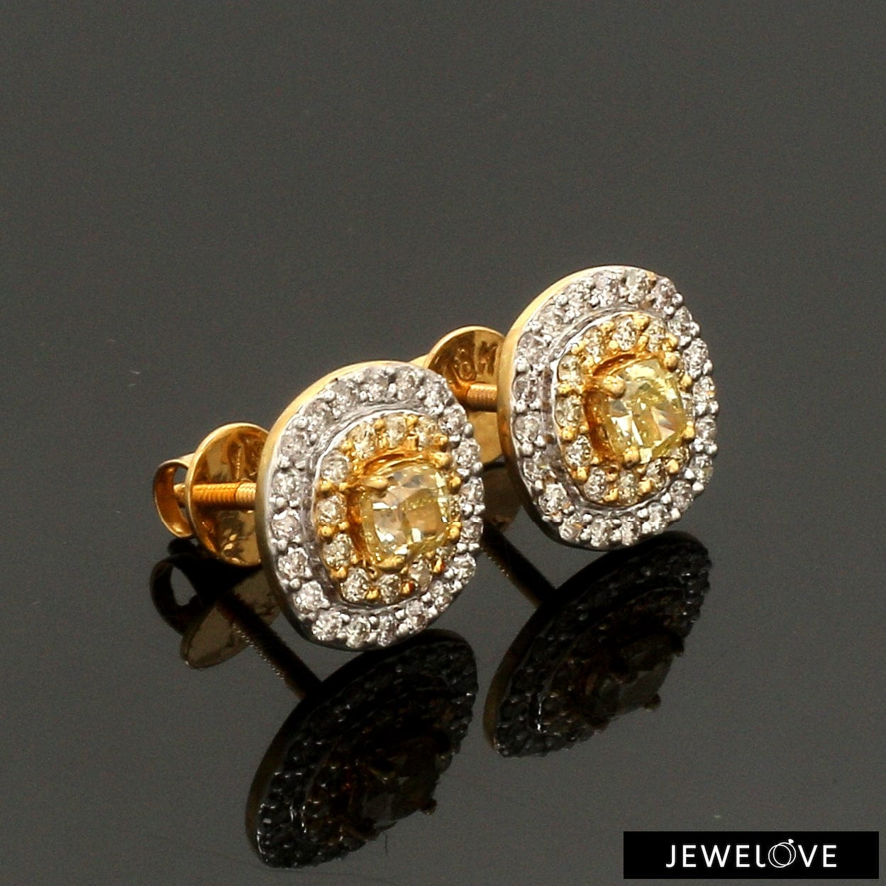 Natural Fancy Color Yellow Diamond Cushion Shape Double Halo 18K Gold Earrings JL AU E 337Y