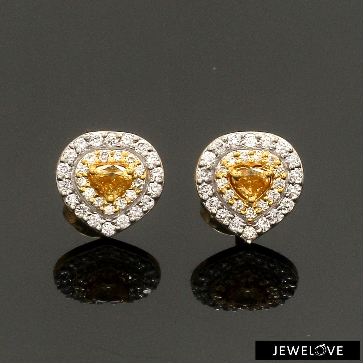 Natural Fancy Color Yellow Diamond Heart Shape Double Halo 18K Gold Earrings JL AU E 335Y