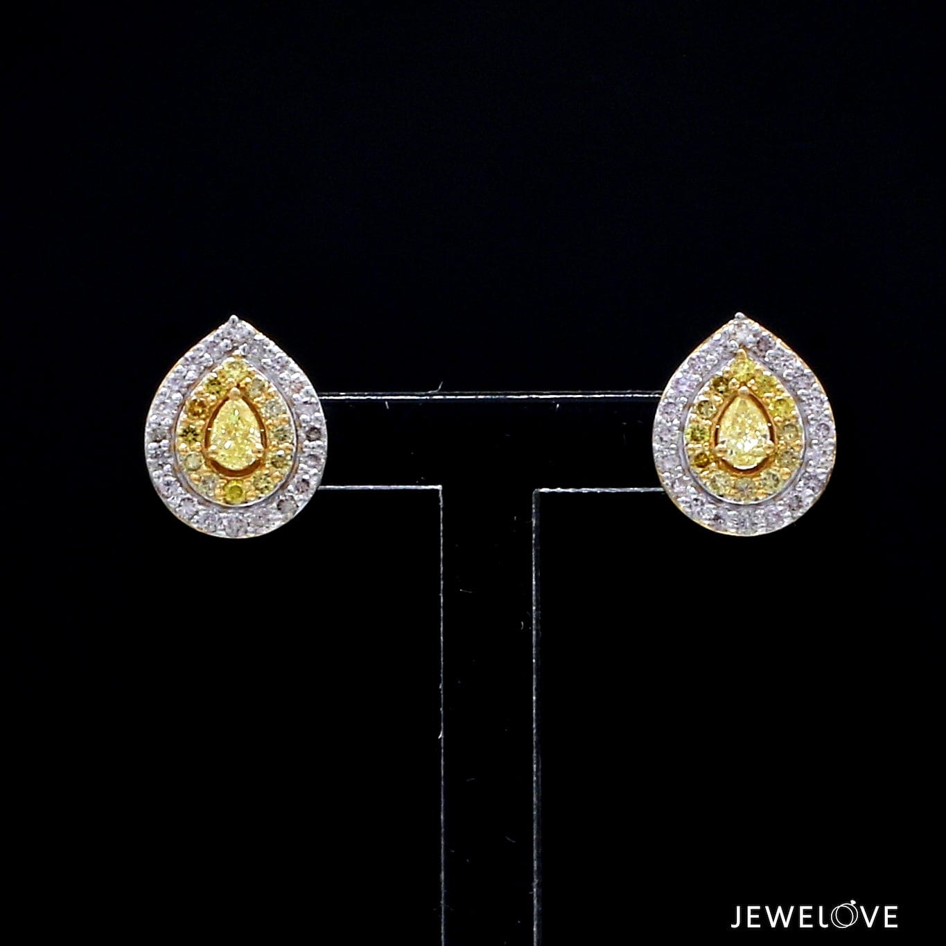 Natural Fancy Color Yellow Diamond Pear Shape Double Halo 18K Gold Earrings JL AU E 336Y