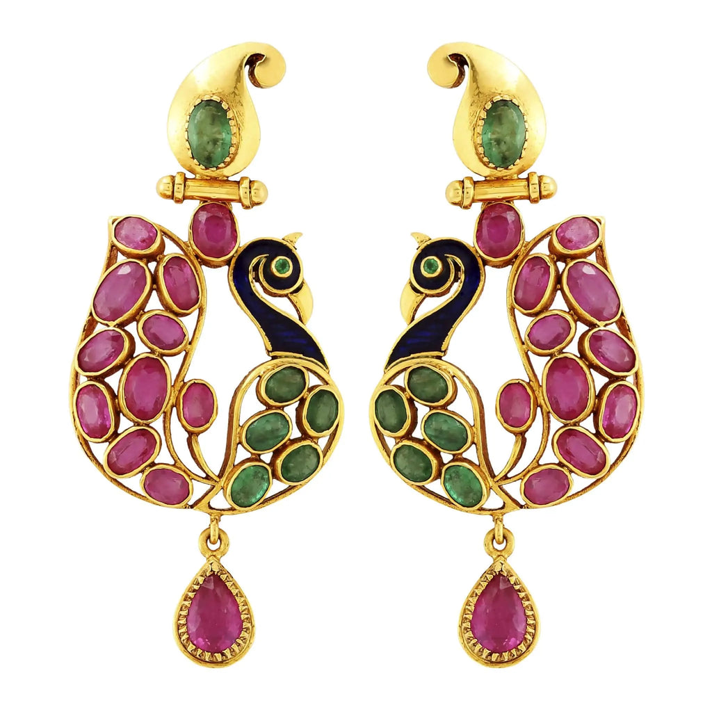 Gold Ruby Earrings - Peacock Earrings Crafted In Gold, Rubies & Emeralds JL AU 104