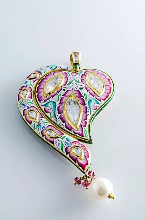 Pink and Cyan Enamel Diamond Polki Pendant by Suranas Jewelove - Suranas Jewelove
 - 1
