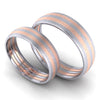 Perspective View of Platinum Couple Rings with Parallel Rose Gold Lines JL PT 647