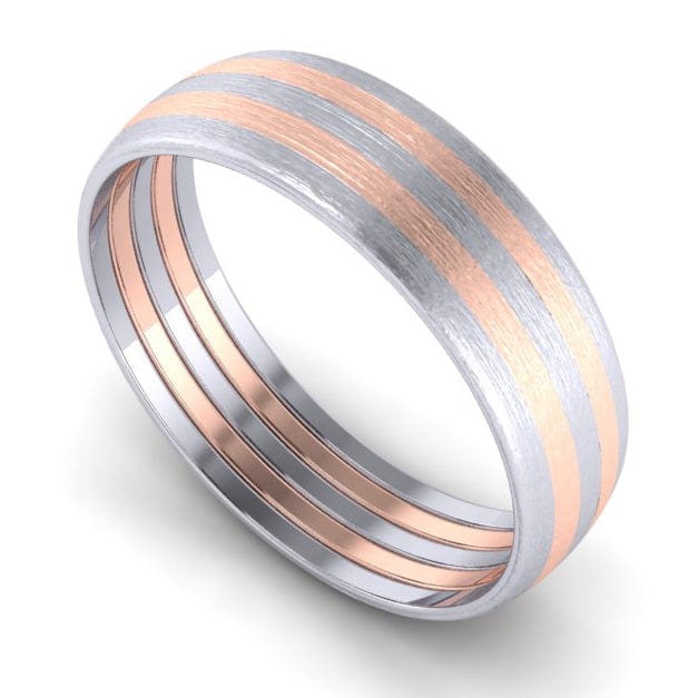 Perspective View of Platinum Couple Rings with Parallel Rose Gold Lines JL PT 647