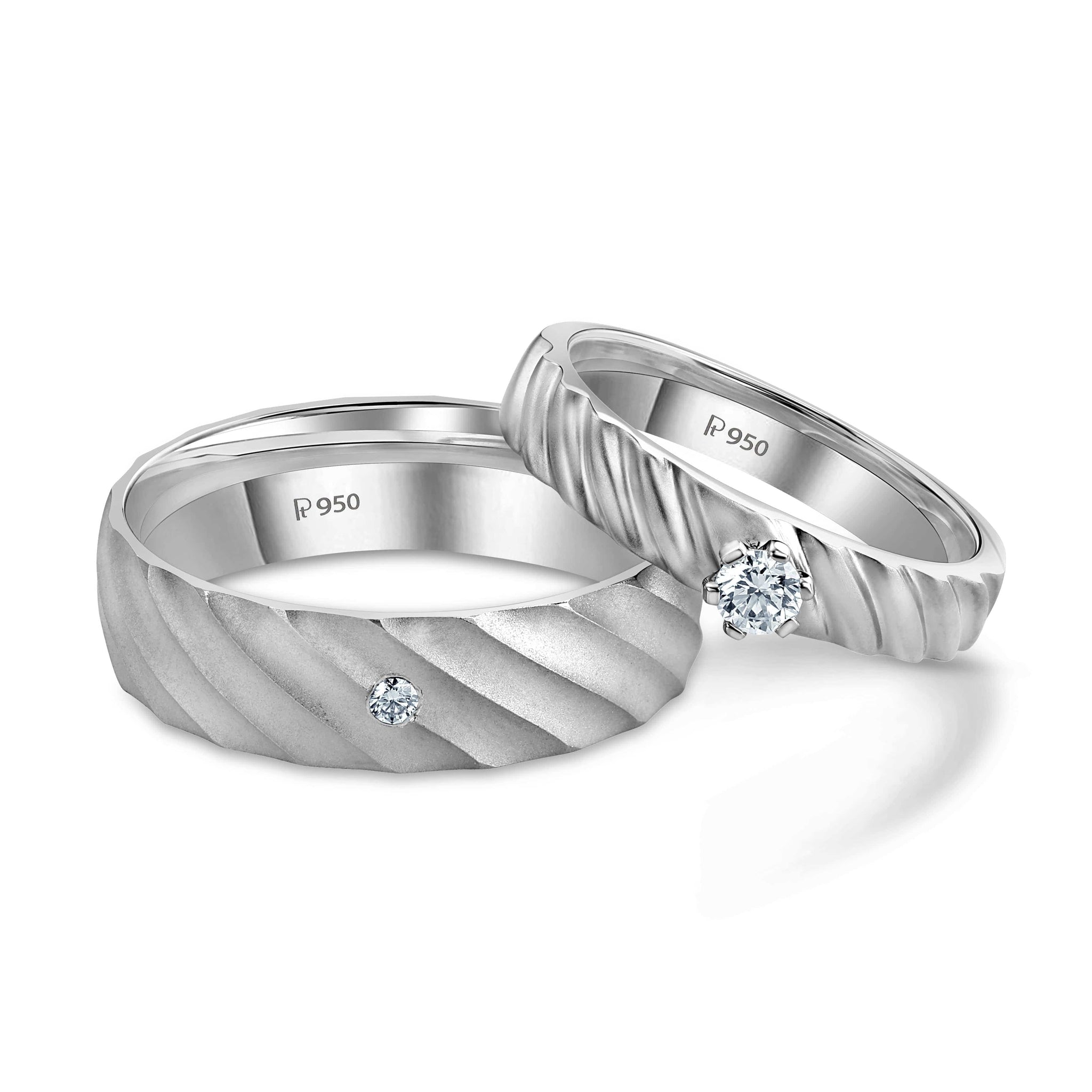 Jewelove™ Rings Two to Triumph Designer Matte Finish Platinum Couple Rings with Single Diamonds JL PT 956