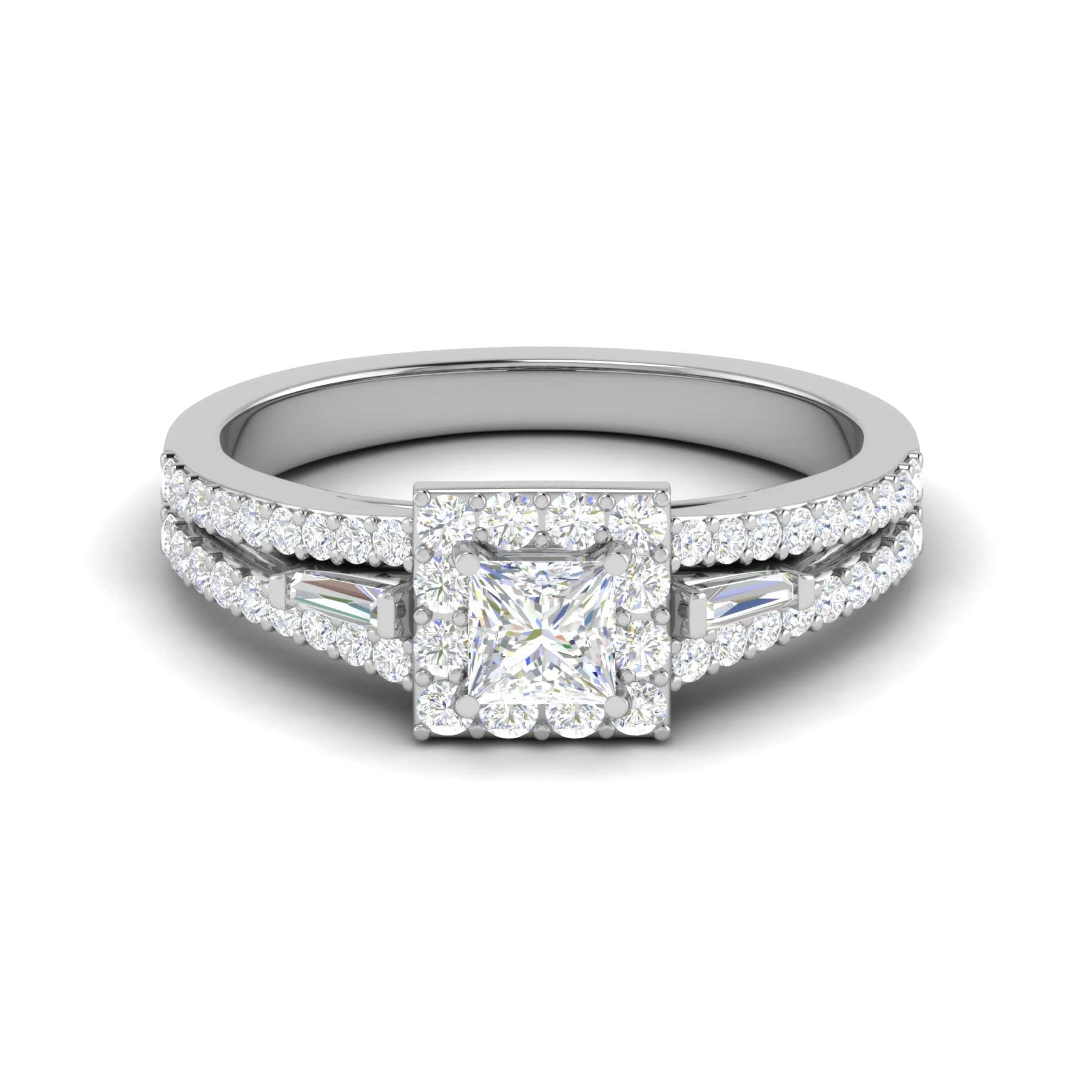 Princess Cut Diamond Halo Diamond Split Shank Platinum Solitaire Engagement Ring JL PT WB5999E