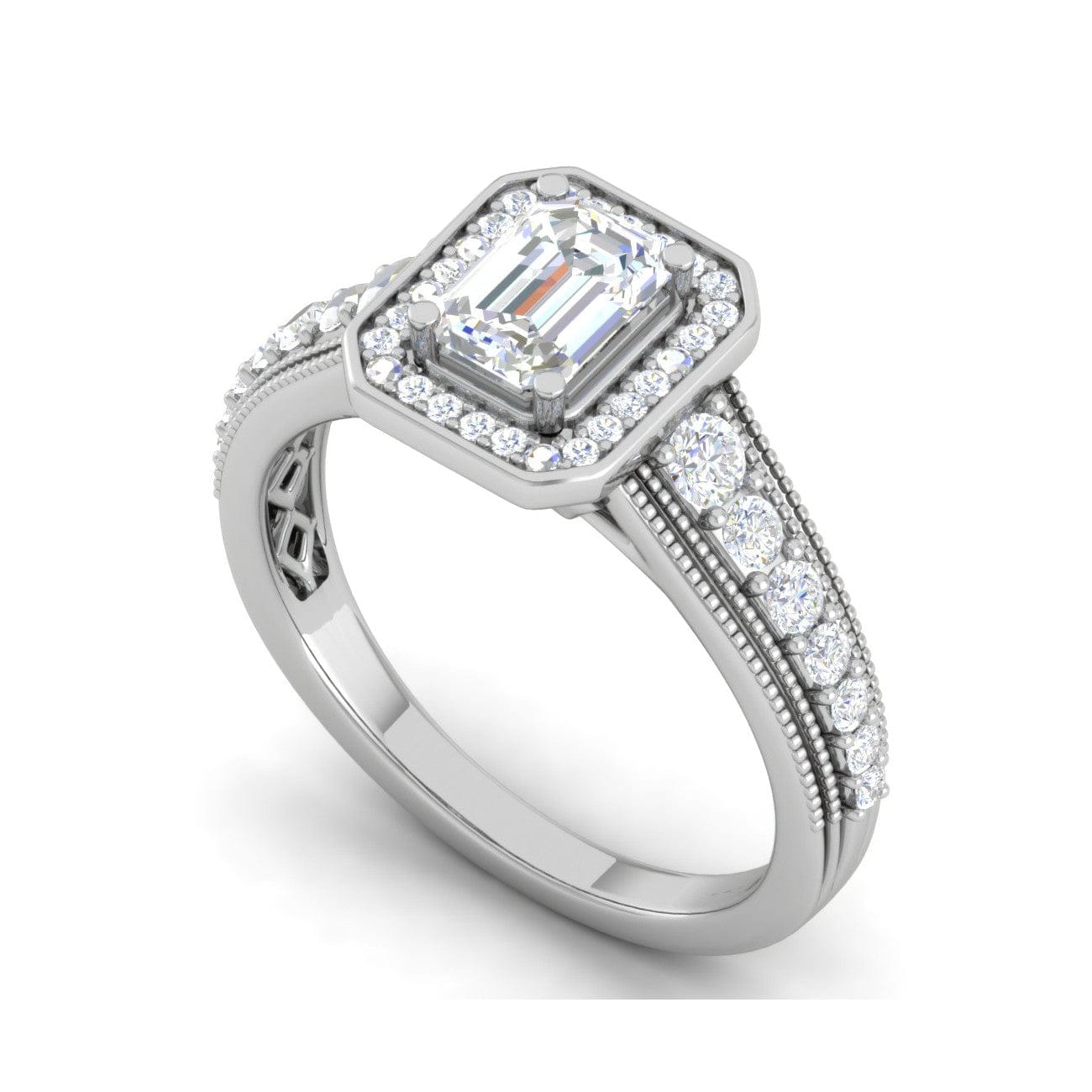 Jewelove™ Rings E VVS / Women's Band only 0.50cts. Emerald Cut Solitaire Halo Diamond Shank Platinum Ring JL PT WB6010E