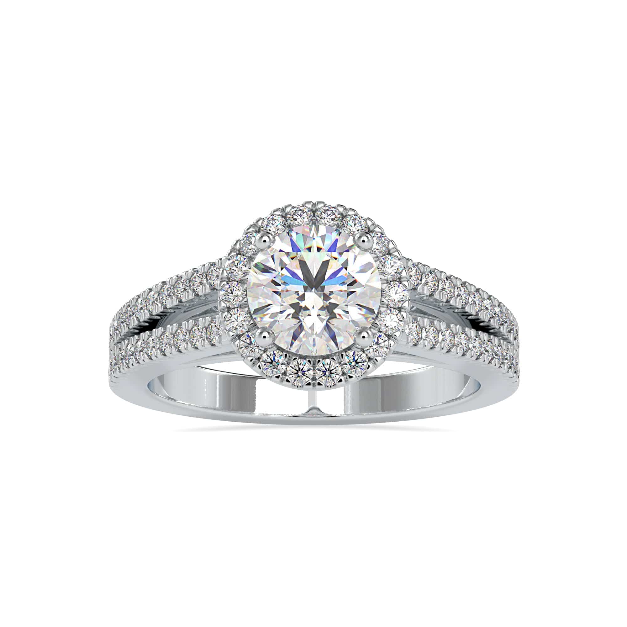 50-Pointer Platinum Halo Split Shank Solitaire Engagement Ring for