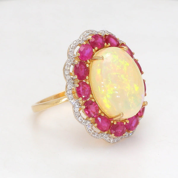 Jewelove™ Rings Women's Band only 18K Gold Opal Ring with Ruby & Diamond for Women JL AU Opal Ring