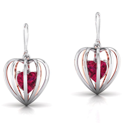 3D Earrings Caged Heart Platinum & Rose Gold with Ruby JL PT P 8072