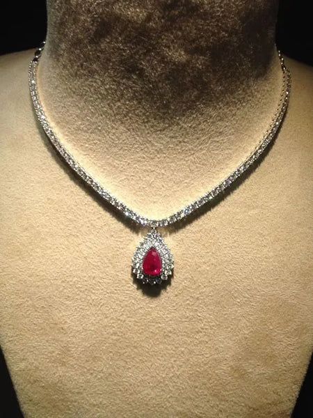 High End Solitaire Necklaces in India - Classic Ruby Necklace With Diamond Pointer Neckline SKU 15