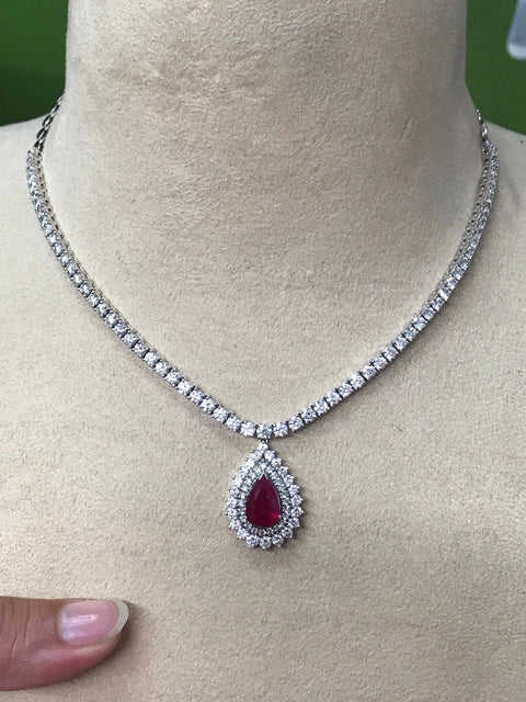 Classic Ruby Necklace with Diamond Pointer Neckline SKU 15