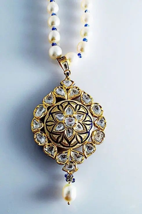 Cream and Blue Enamel Diamond Polki Pendant set by Suranas Jewelove in India