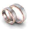 Perspective View of Designer 3 Diamond Platinum Couple Rings with Rose Gold Base JL PT 653