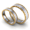 Perspective View of Designer Platinum Love Bands with a Yellow Gold Edge JL PT 642