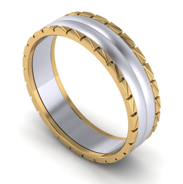 Perspective View of Designer Platinum Love Bands with a Yellow Gold Edge JL PT 642
