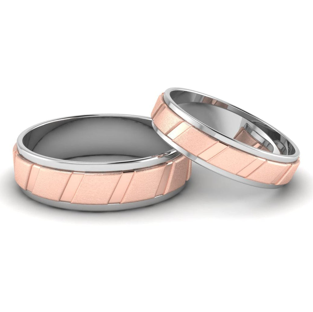 Front View of Designer Platinum & Rose Gold Couple Rings with Slanting Grooves JL PT 639