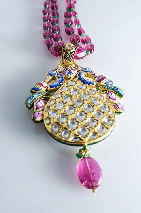 Exceptional Two sided Diamond Polki pendant with Pink Enamel SJ PS 80 by Suranas Jewelove in India