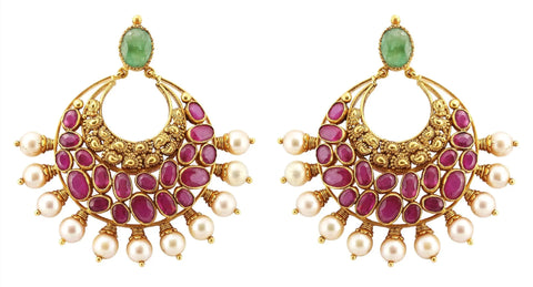 Gold Chand Bali Earrings with Rubies, Emeralds and Pearls JL AU 109