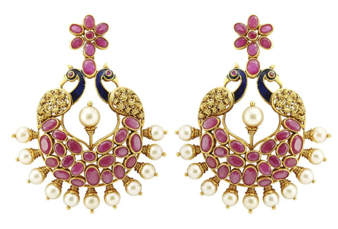 Gold Chand Bali Earrings with Rubies & Pearls Designed as Peacock JL AU 108