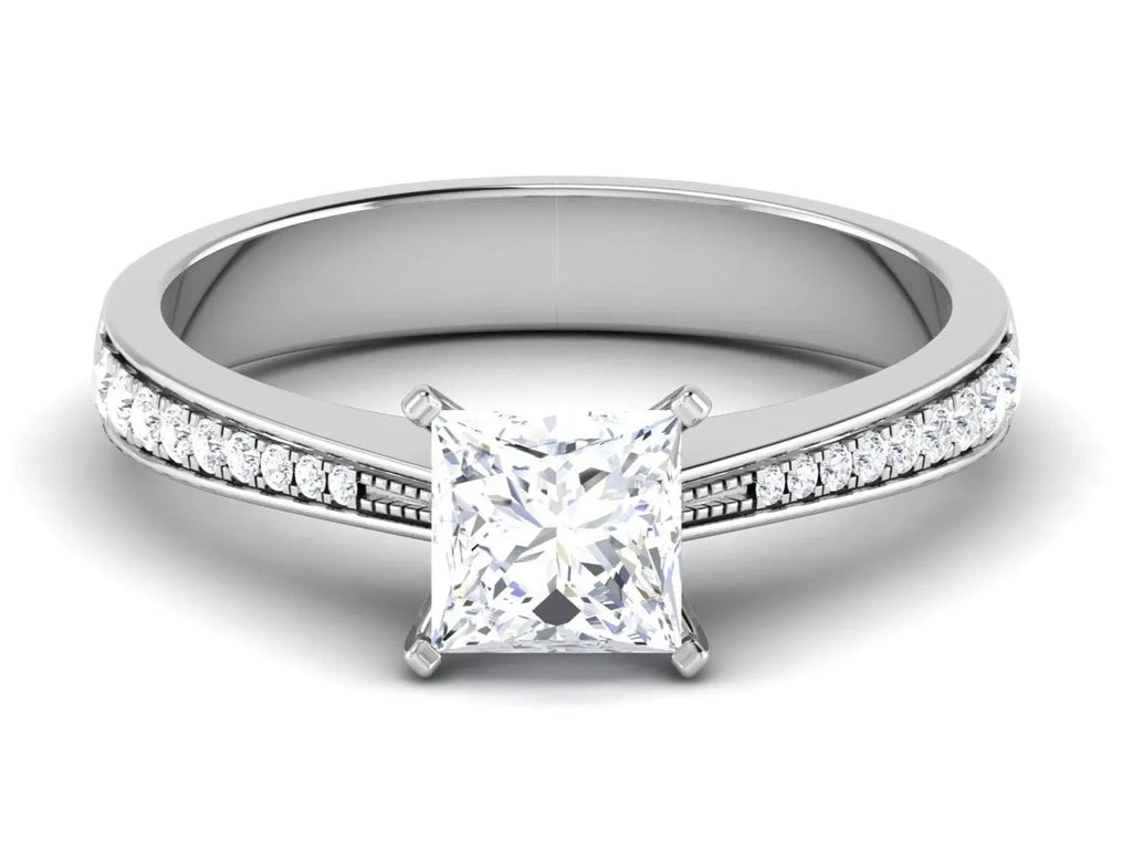 Jewelove™ Rings Women's Band only Princess Cut Solitaire Engagement Ring in Platinum with Diamond Studded Shank JL PT 487