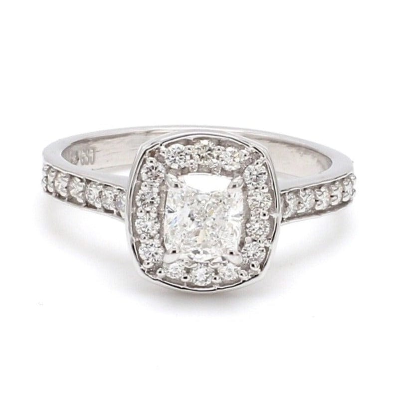 Front View of Raised Halo Solitaire Engagement Platinum Ring with Cushion Cut JL PT 661